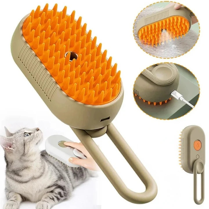 MUPORA 3-in-1 steam grooming brush in coffee, with charging and steam detail views