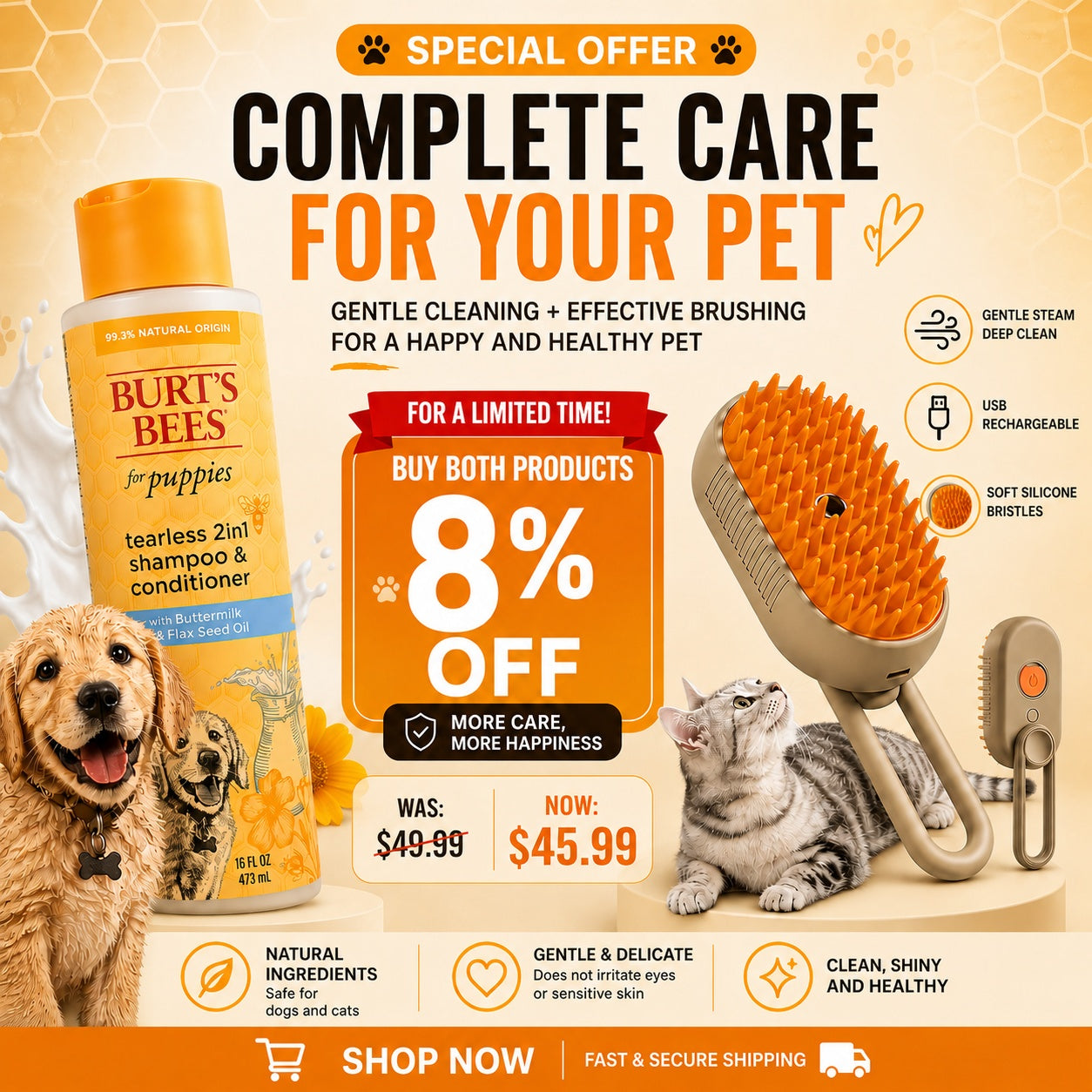 Special offer: complete care for your pet — buy both products and get 8% off, was $49.99 now $45.99